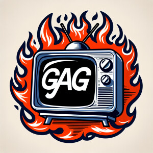 Tube TV with the word “GAG” on the screen on fire cartoon logo