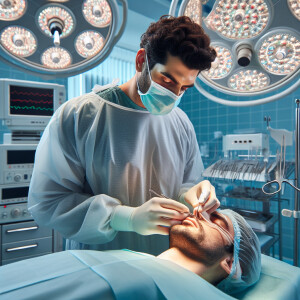 Doctor, a man, surgery who makes an operation to people’s nose