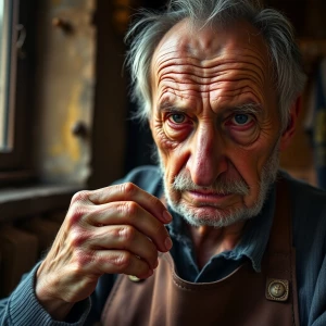 A close-up portrait of an elderly artisan with weathered hands,...