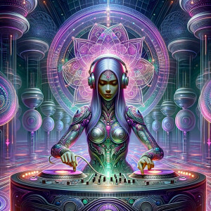 Female Dj futuristic metallic colors like purple, green, pink