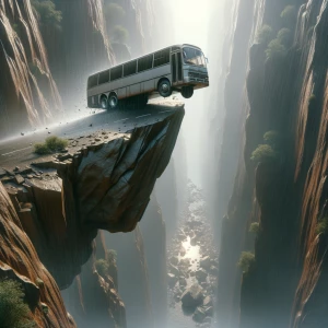 A 3D HD realistic image of a bus teetering precariously on the e...