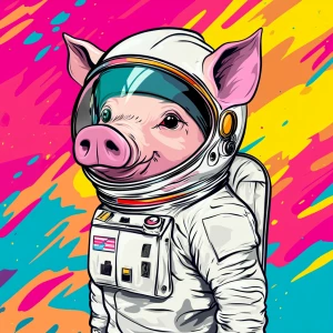 Cute cartoon pig in vintage white spacesuit and NASA style helme...