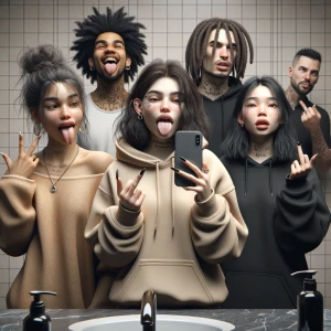 Three teenage girls are taking a mirror selfie in a bathroom. On...