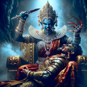 portrait of angry looking goddess kali, blue skinned, sitting on a gold crown and carrying a weak mahishasur on her lap and stabbing him with her amazing long red finger nails. She is wearing diamond armor, a huge diamond crown, red saree, abundant diamond jewelry, covered in blood. The scene is set in ancient India. The image is 8K resolution, cinematic, ultra detailed face and epic.