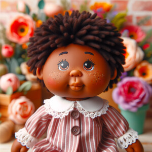 African-American cabbage patch doll with huge dimples, and freckles and flowers in the background