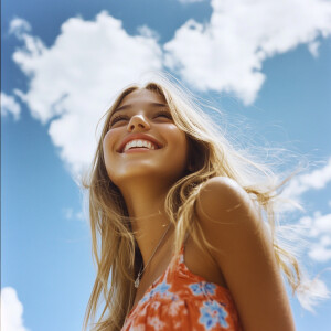 beautiful young woman in a stylish captured in a low-angle, mid-...