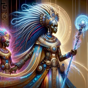 Mythweaver A Nigerian Queen stands tall, her long hair a wild ta...