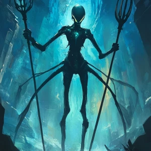 Create an image of an alien girl with eight legs, each holding a...