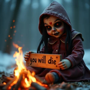 Creepy evil doll with burlap mask that makes her look evil, sitt...