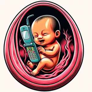 A cartoon drawing of a baby in the womb answering a cellphone