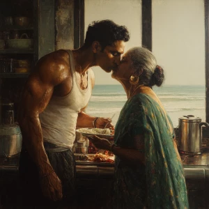 Hyperrealism painting.a muscular sweaty indian  man  standing an...
