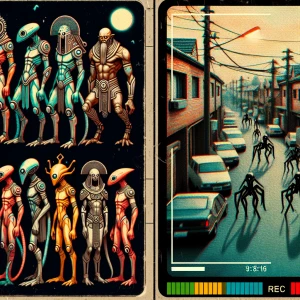 A high-angle surreal CCTV camera scene of a large spider creatur...