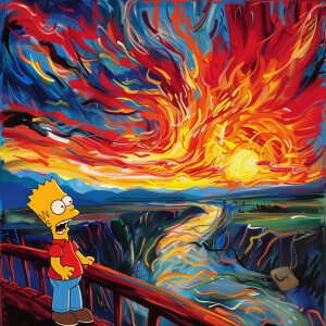 Create a striking scene where Bart Simpson is placed in a classi...