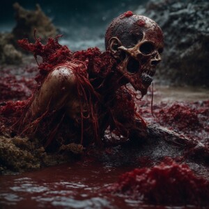 A grotesque zombie with decaying flesh and exposed bones, draggi...