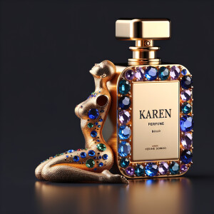 Create a 3-D realistic gold and blue, colorful jewels perfume b...