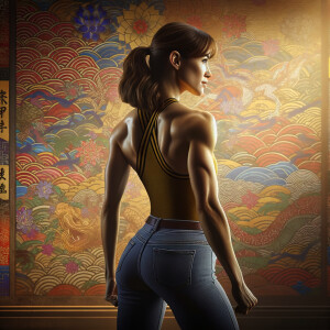 Athletic Thin skinny Attractive, Asian teenage girl, long brown hair and bangs, wearing tight skinny jeans and a halter top paint marks on her clothing, heroic pose Asian graffiti background, backside view