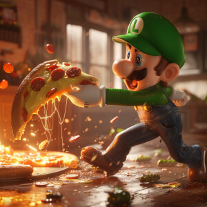 generate a 3D realistic image of Luigi battling with a vary chee...