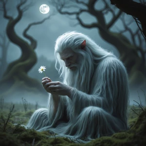 A huge, white-haired, gentle mythical creature sits in a misty,...