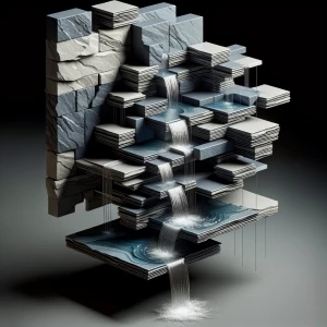 Imagine a floating waterfall fountain made of thin slabs of slat...