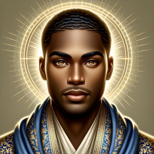 Create handsome African-American, Jesus, with Hazel Brown eyes wearing a blue and gold robe