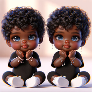 Imagine a pair of adorable, 3D animated african-American, infant twins with radiant blue eyes and curly black hair, posed with their chubby cheeks resting in their hands. They're dressed in simple yet stylish black onesies. Delicate jewelry adorns their wrists. They're seated comfortably with white sneakers on their feet. The background is a soft pastel floral pattern, creating an atmosphere of innocence and charm, without any text present in the image.