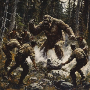 Six men pursue a humanoid sasquatch, approximately 7-8 feet tall...