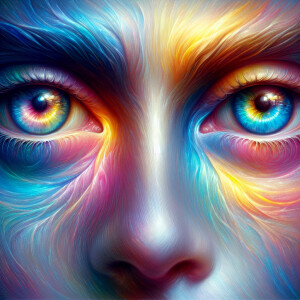 multicolored eyes, prominently featuring shades of blue, pink, a...