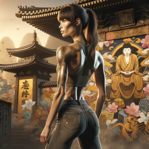 Athletic Thin skinny Attractive, Asian teenage girl, long brown hair and bangs, wearing tight skinny jeans and a halter top paint marks on her clothing, heroic pose Asian graffiti background, backside view