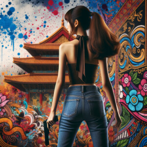 Attractive, Asian teenage girl, long brown hair and bangs, wearing tight skinny jeans and a halter top paint marks on her clothing, backside view heroic pose Asian graffiti