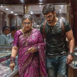 digital painting.a  mature gujarati mother in law in her 50s wea...