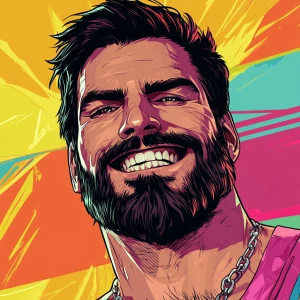 White muscular thin man with beard, big chin, smile and cheekbon...