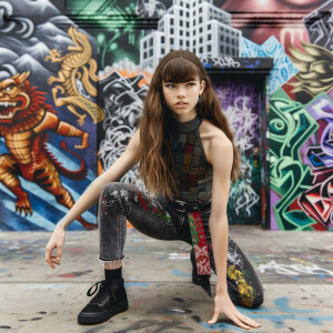 teenage girl, long brown hair and bangs, wearing tight skinny jeans and a halter top paint marks on her clothing, heroic pose Asian graffiti background, nearing on one knee