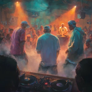 Three urban rap artists are standing in a circle at a small, smo...