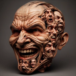 multiplied facial expresssions - sneer, laugh, anger, in amalgam...
