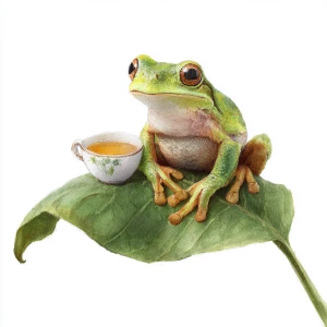 Happy frog sipping tea on a leaf, soft green tones, isolated on...