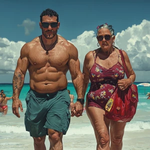 Photorealism.a muscular sweaty man walking  with his 50 years ol...