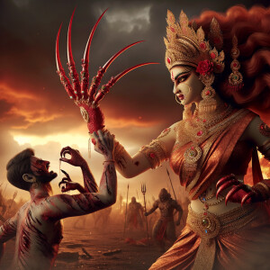 Portrait of angry and gorgeous goddess durga slaying mahishasur...