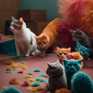 Five mischievous cats of different colors are playing together,...