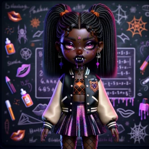 8k ultra-glossy chibi Afro-American girl with cocoa skin and a h...