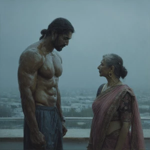 Hyperrealism.a big terrace with overcast condition,raining,a mus...