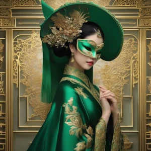 "In the opulent ballroom, a masked beauty captures every gaze, h...