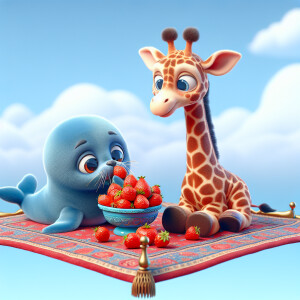 A little blue sea Seal and giraffe both are eating bowl of straw...