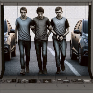 Three male Caucasian teenagers walk   with their hands behind th...