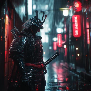 Dramatic splash art. A lone cyberpunk samurai stands defiantly i...
