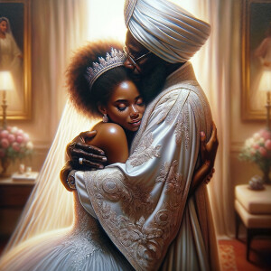 Imagine a hyper-realistic oil painting that captures a tender moment between theAfrican American bride and her God. The setting is intimate and filled with soft, warm lighting that enhances the emotional depth of the scene. The bride, in herexquisite wedding gown, shares a heartfelt embrace with her african-American Lord Jesus , who is dressedin an elegant outfit that complements the wedding's color scheme. Their expressions are full of love, pride, and joy, reflecting the special bond between them. Theattention to detail is paramount, from the intricate designs of their dresses to the subtle emotions conveyed in their facial expressions. The background is a blur ofgentle pastel hues, ensuring that the focus remains on this touching moment. Thispainting should convey the warmth, love, and depth of the relationship, with the rich textures and vibrant strokes characteristic of oil paintings, capturing the essence of this significant pre-wedding moment.