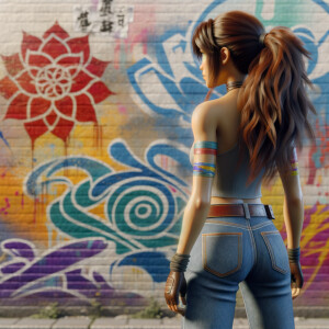 Attractive, Asian teenage girl, long brown hair and bangs, wearing tight skinny jeans and a halter top paint marks on her clothing, backside view heroic pose Asian graffiti