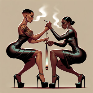 Two. Puerto Rican women, broke stones with stilettos on and tight dresses. They are smoking a joint one of them has short hair and the other one has long hair in a ponytail. They have big butts.