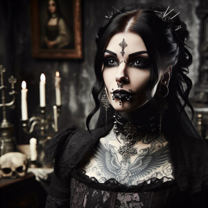 A Black haired Gothic Woman with piercings and Gothic tattoos