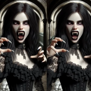 An absolutely terrifying hyper-realistic detailed depiction of a teenage vampire girl baring her fangs.