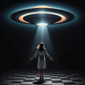 Create an image of a woman being abducted by a UFO